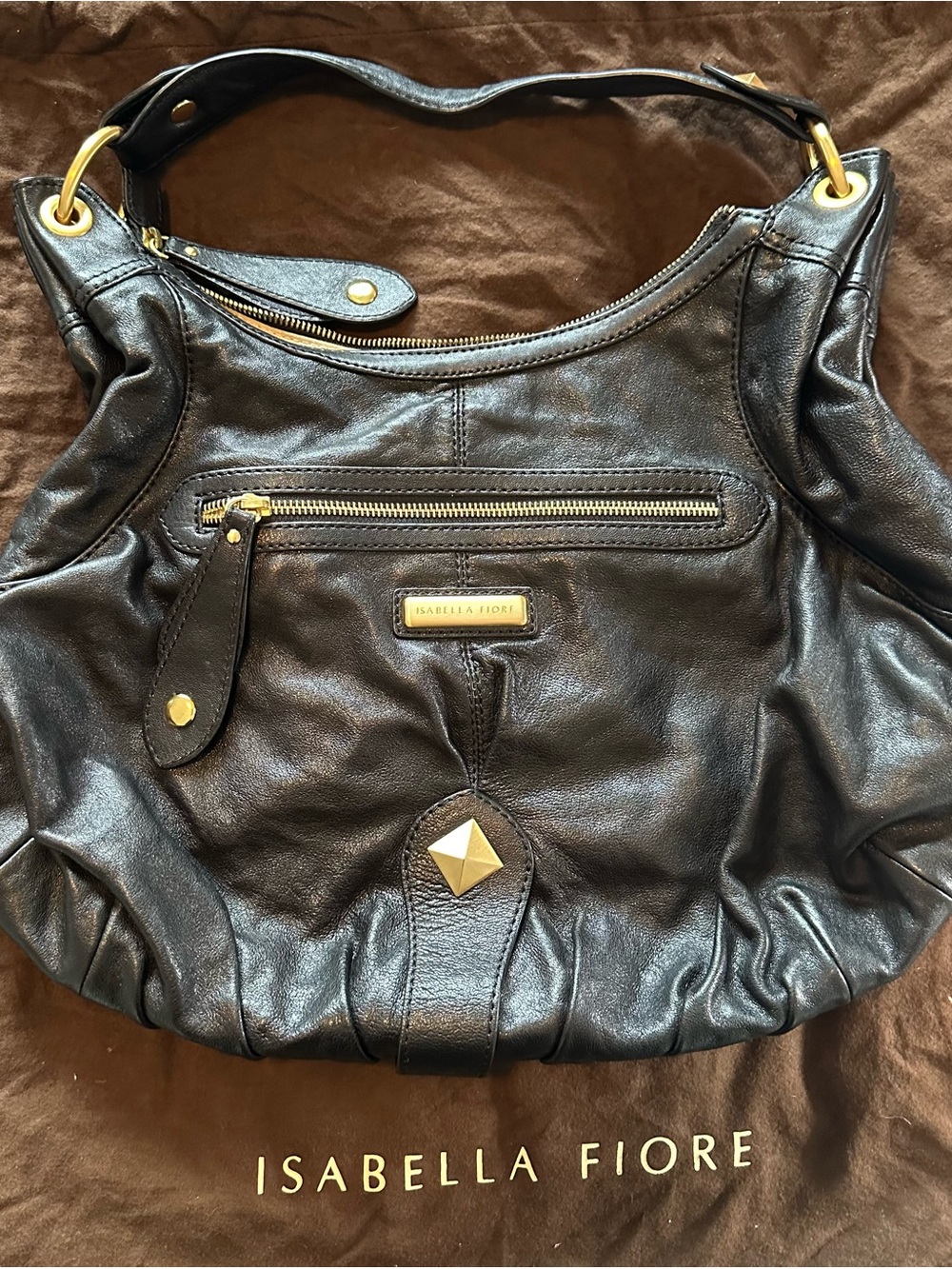 Isabella Fiore Black Leather Shoulder Hobo with Gold Hardware